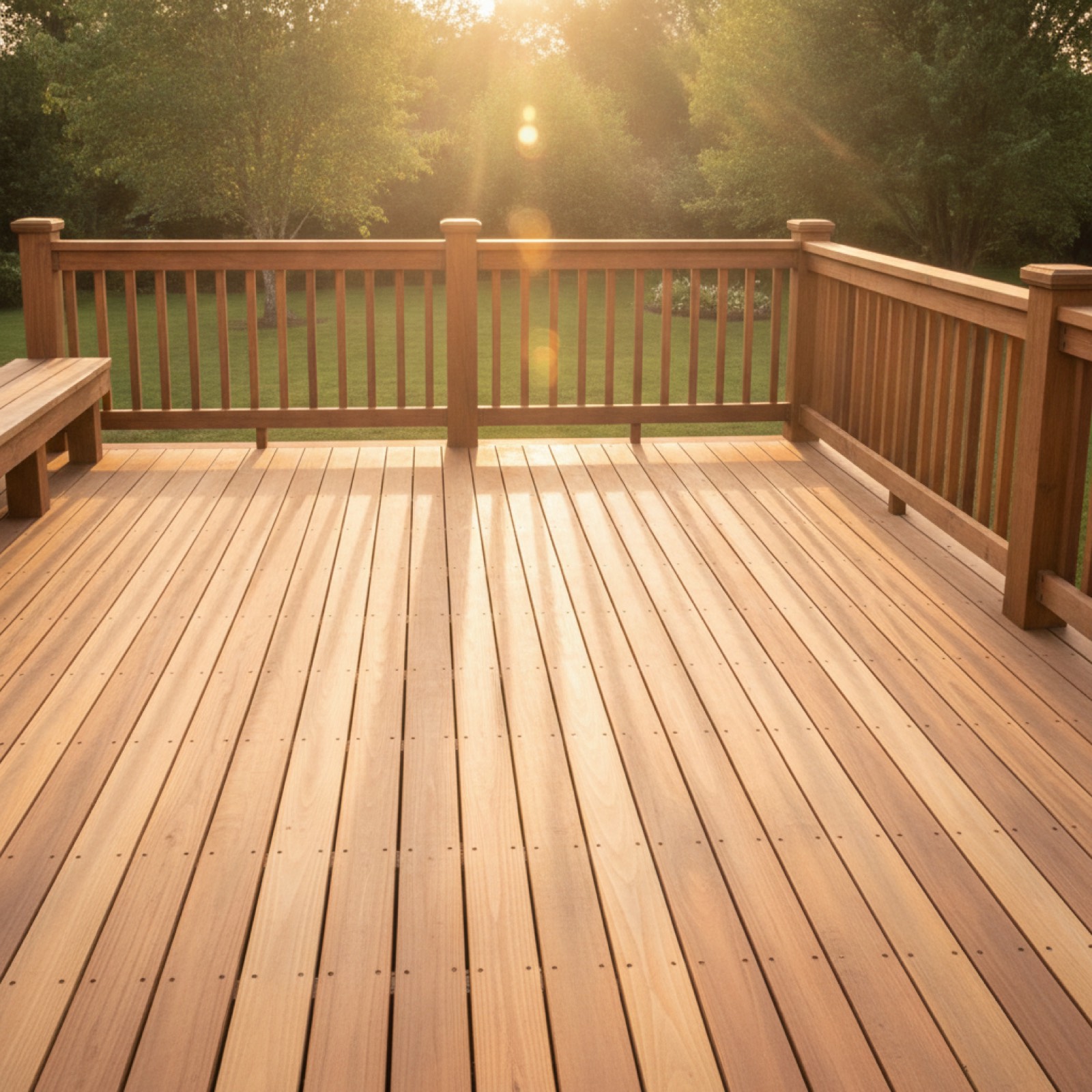 A freshly stained cedar deck and railing catching low late-afternoon sun, back garden beyond.