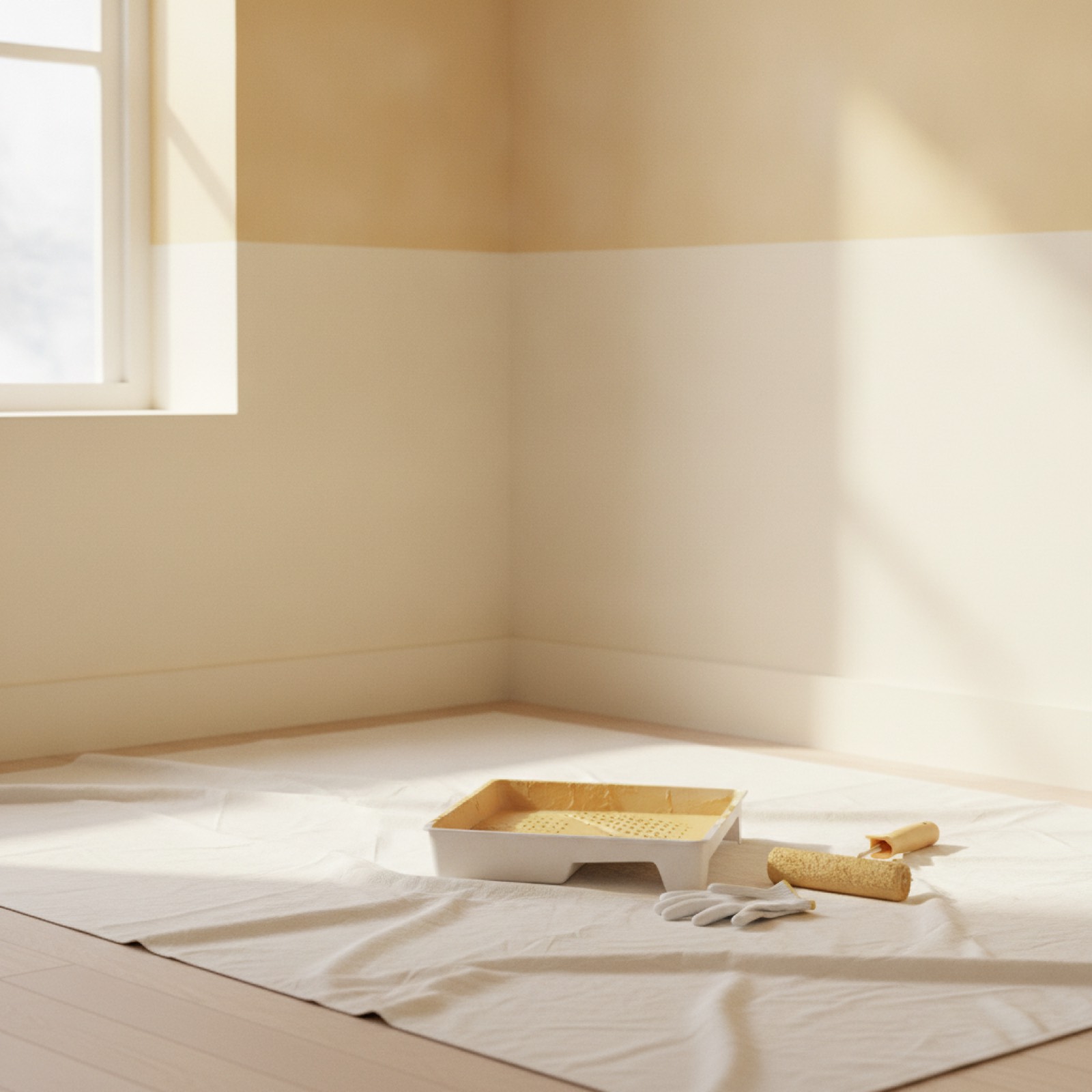 A room part-way through a repaint — the cut line halfway up the wall, tray, roller and gloves on the drop sheet.